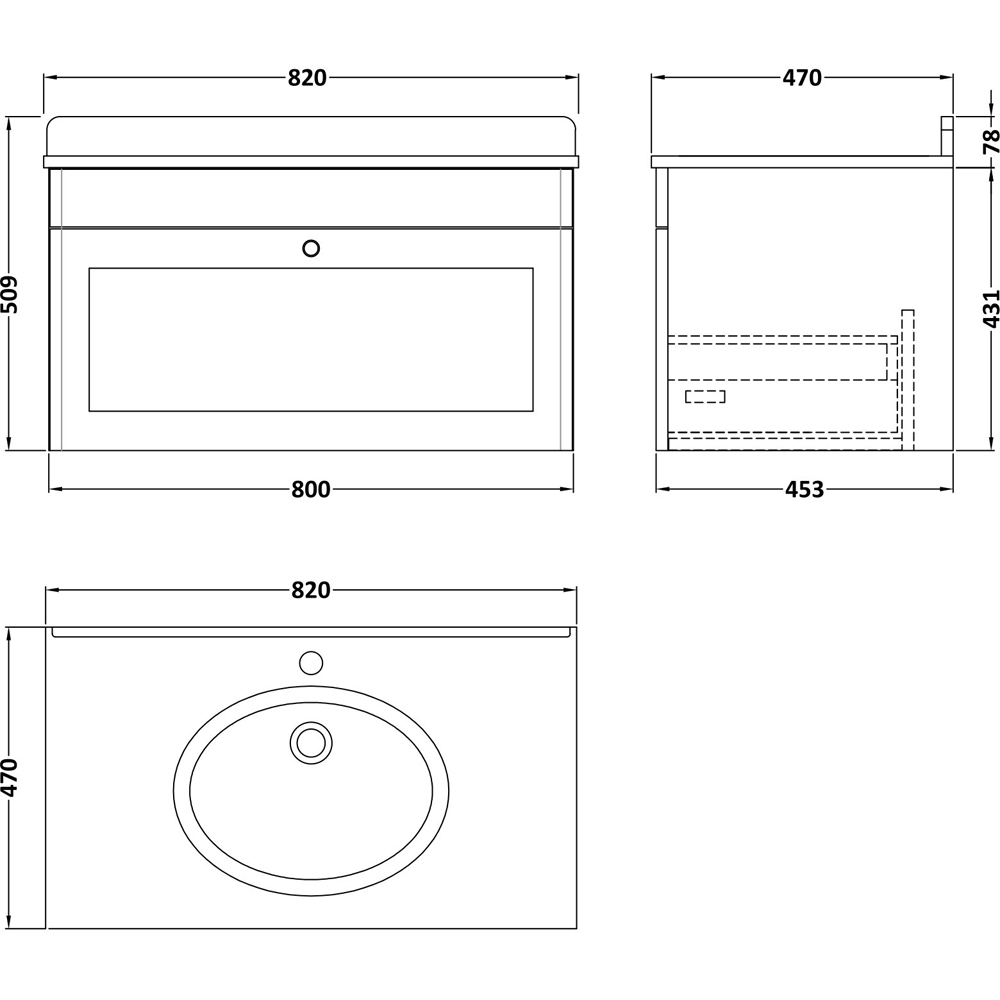 nuie Classique Single Drawer Soft Black and Grey Wall Hung Unit and 1 Tap Hole Marble Basin 800mm Image 3