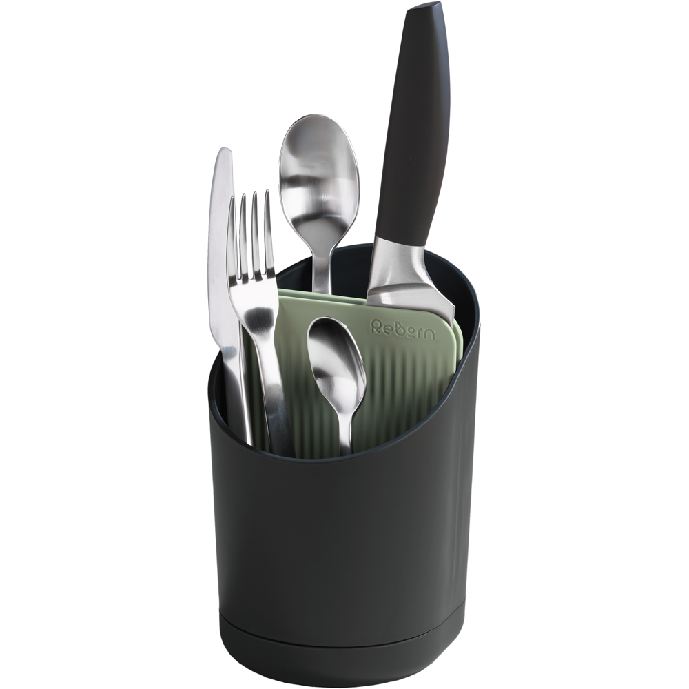 ReBorn Charcoal Grey and Sage Green Compact Plastic Cutlery Drainer with Knife Safety Slot Image 3