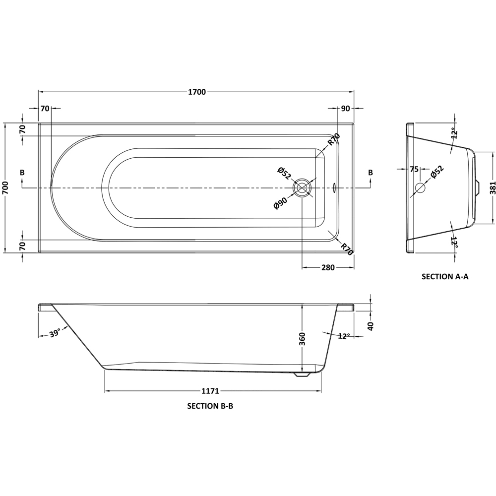 nuie 1700 x 700mm Eternalite Bath with Panel and Screen Image 2