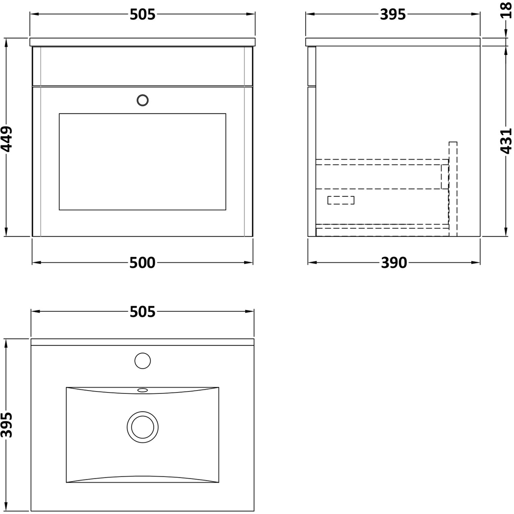 nuie Classique Single Drawer Satin Green Wall Hung Unit and Minimalist Ceramic Basin 500mm Image 3