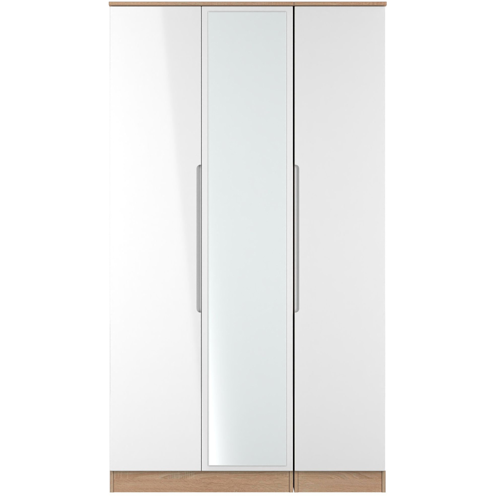 Crowndale Milan 3 Door White Gloss and Bardolino Oak Tall Mirrored Wardrobe Ready Assembled Image 2