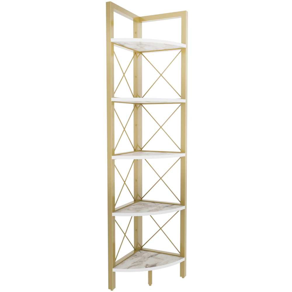 Decorotika Remo 5 Shelf White Marble Effect And Gold Metal Frame Corner Storage Rack Image 2
