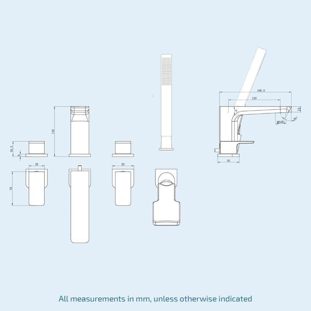 Nes Home Finley 4 Tap Hole Chrome Hot and Cold Bath Filler with Shower Handset Image 3