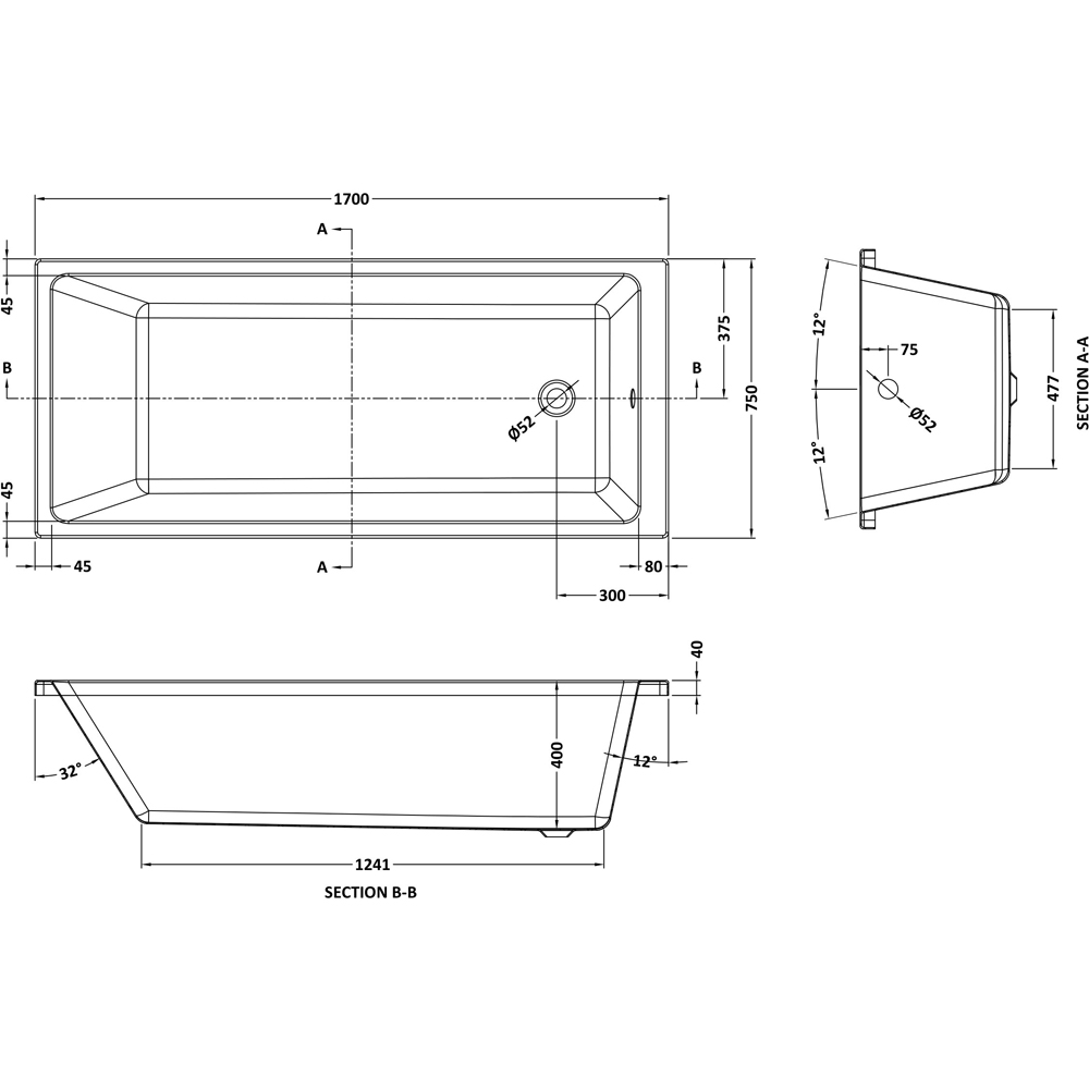 nuie White Thin Edge Single Ended Bath 1700 x 750mm Image 2