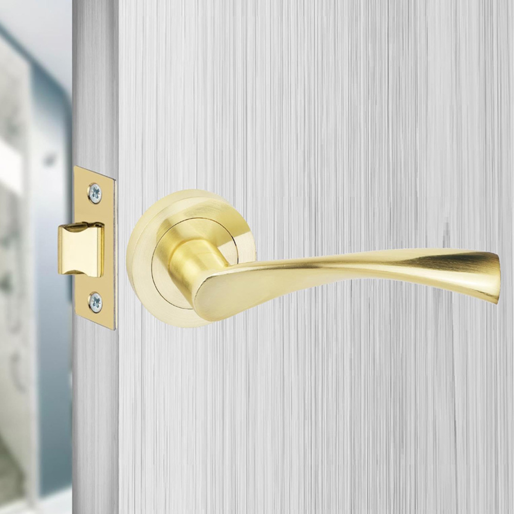 Golden Grace Satin Brass Astrid Door Handle Set with Spindle and Fixing Image 2