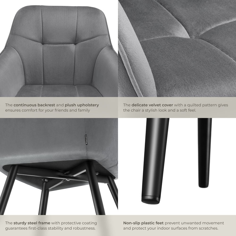 tectake Marilyn Set of 4 Grey and Black Quilted Velvet Dining Chair Image 6