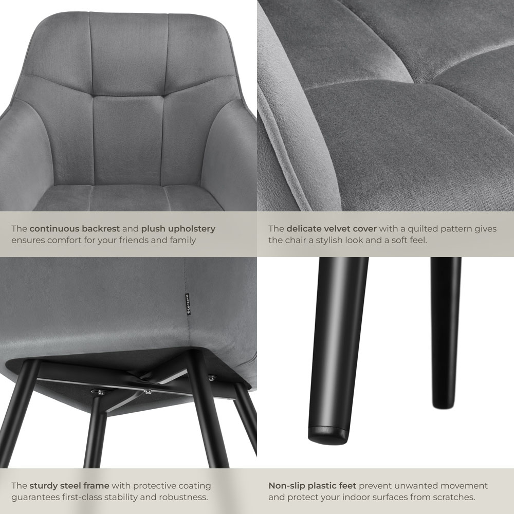 tectake Marilyn Set of 6 Grey and Black Quilted Velvet Dining Chair Image 6