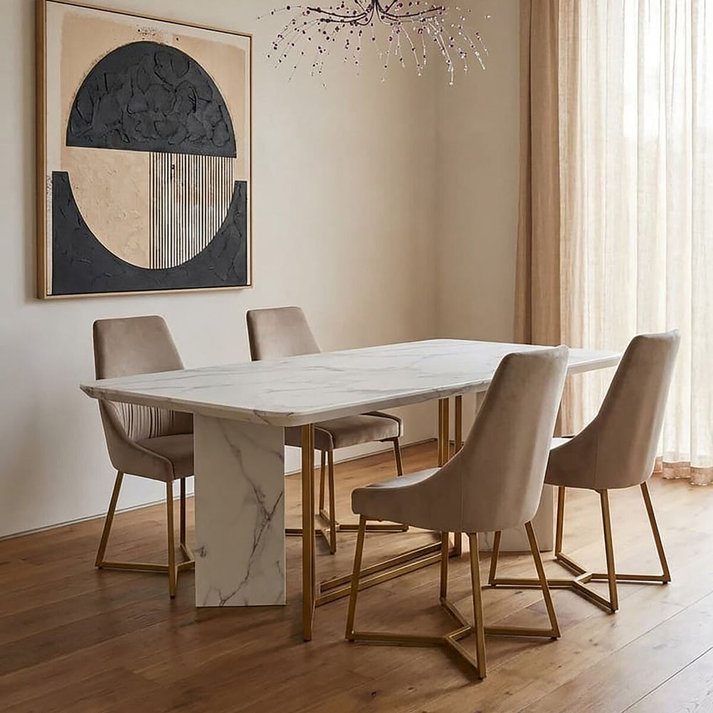 Premier Housewares Vieste Marble White Gold Polish 6 Seater Dining Table Image 4