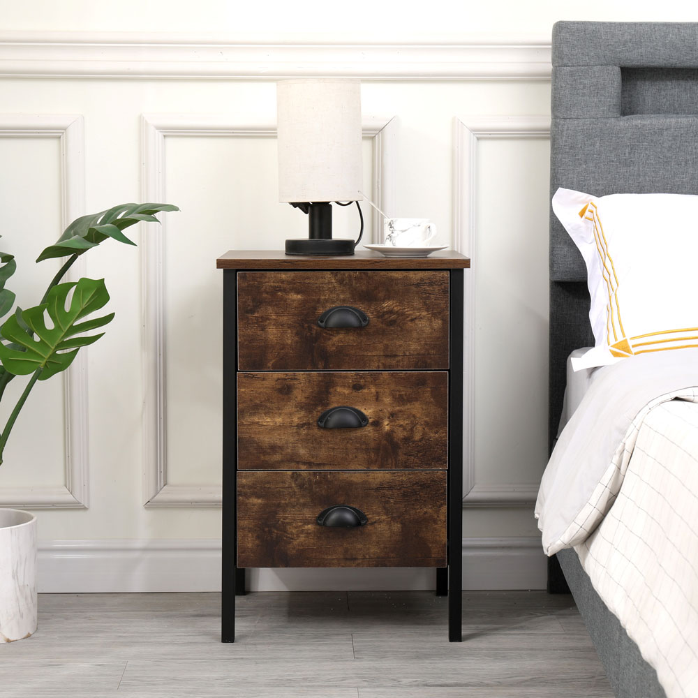 FurnitureHMD 3 Drawer Brown and Black Industrial Wooden Nightstand Set of 2 Image 6