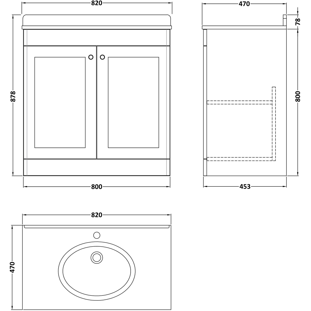 nuie Classique 2 Door Satin Grey Floor Standing Unit and 1 Tap Hole Marble Top Oval Basin 800mm Image 3