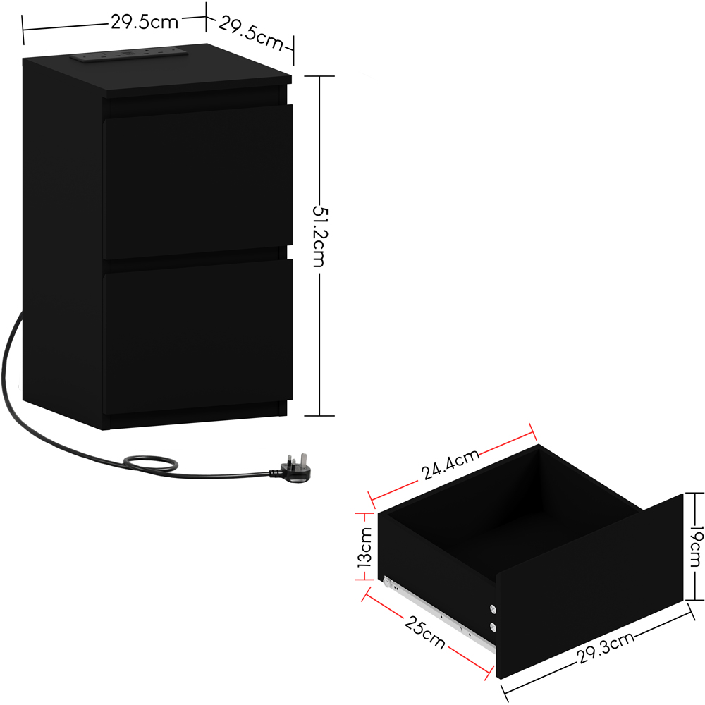 VIDA DESIGNS Denver 2 Drawer Black Bedside Chest with Power Outlet Set of 2 Image 8