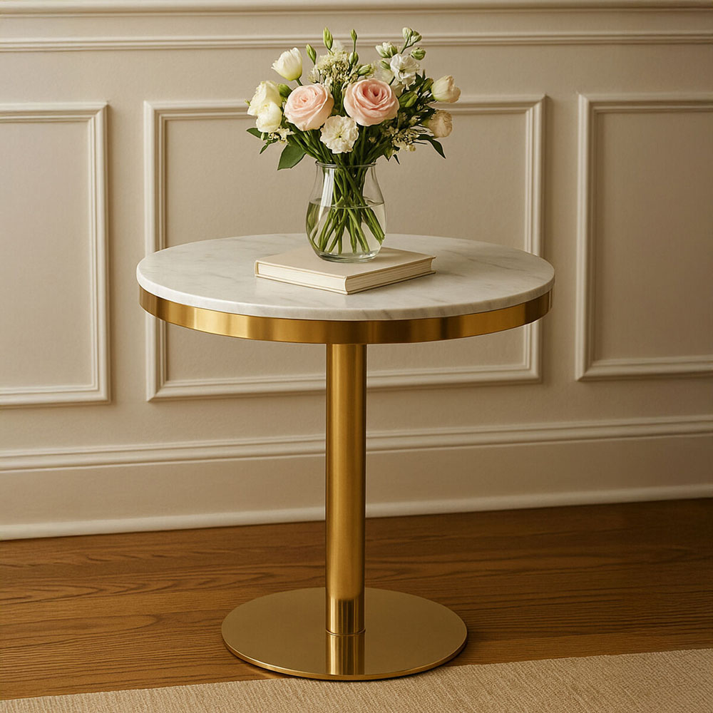 Premier Housewares Azalea White 2 Seater Round Marble Dining Table with Gold Base Image 3