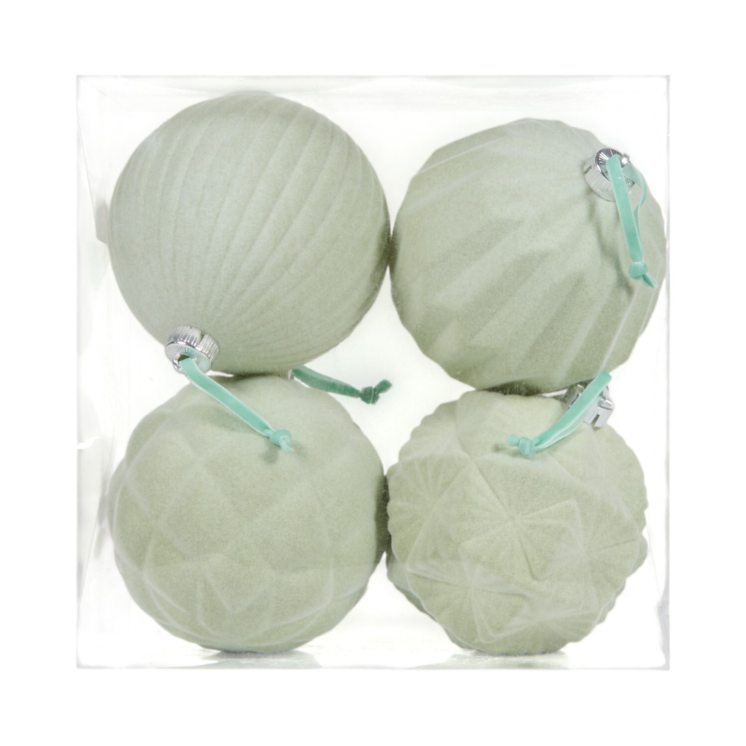 Pack of 4 Elegant Flocked Baubles Sage Green Image 6