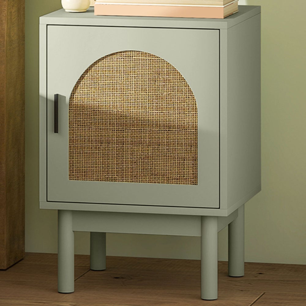 HOMCOM Boho Rattan Single Door Light Green Bedside Table Image 1