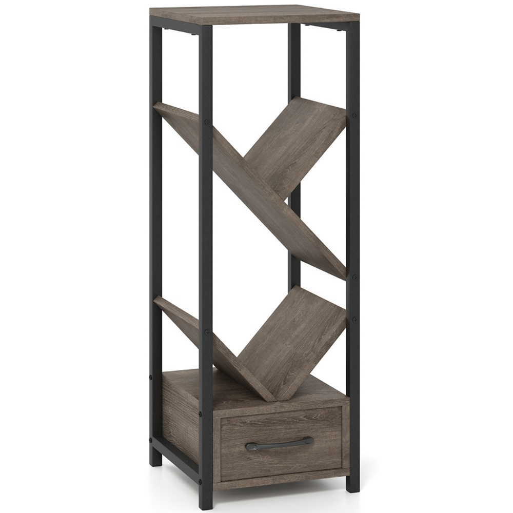 Costway 4 Tier Single Drawer Grey Floor Standing Tree Bookshelf Image 2
