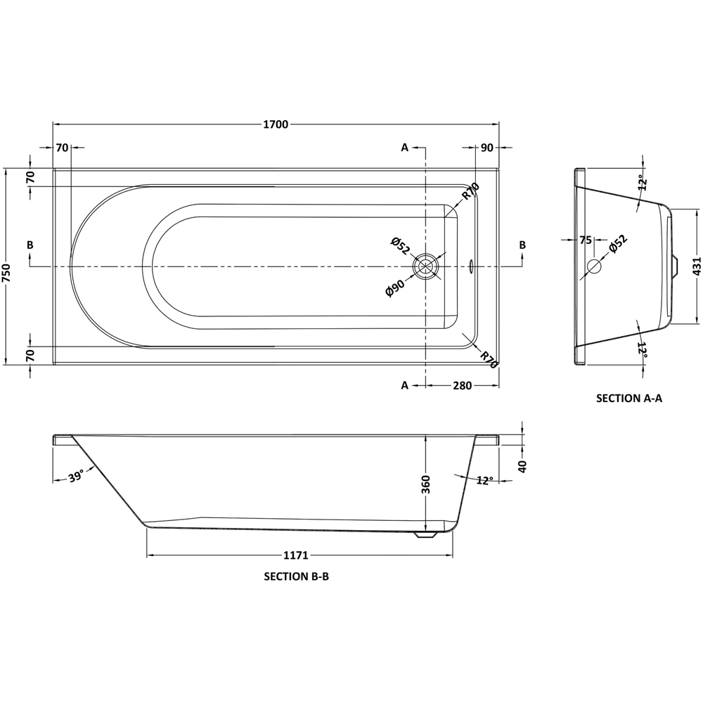 nuie 1700 x 750mm Eternalite Bath with Panel and Screen Image 2