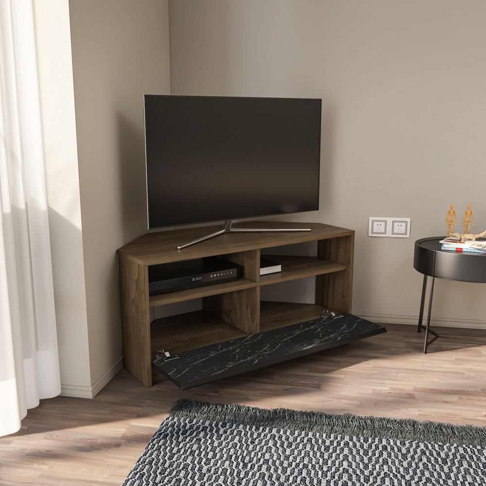 Decorotika Comero 2 Shelf 2 Door White and Black Marble Effect Corner TV Unit Image 3