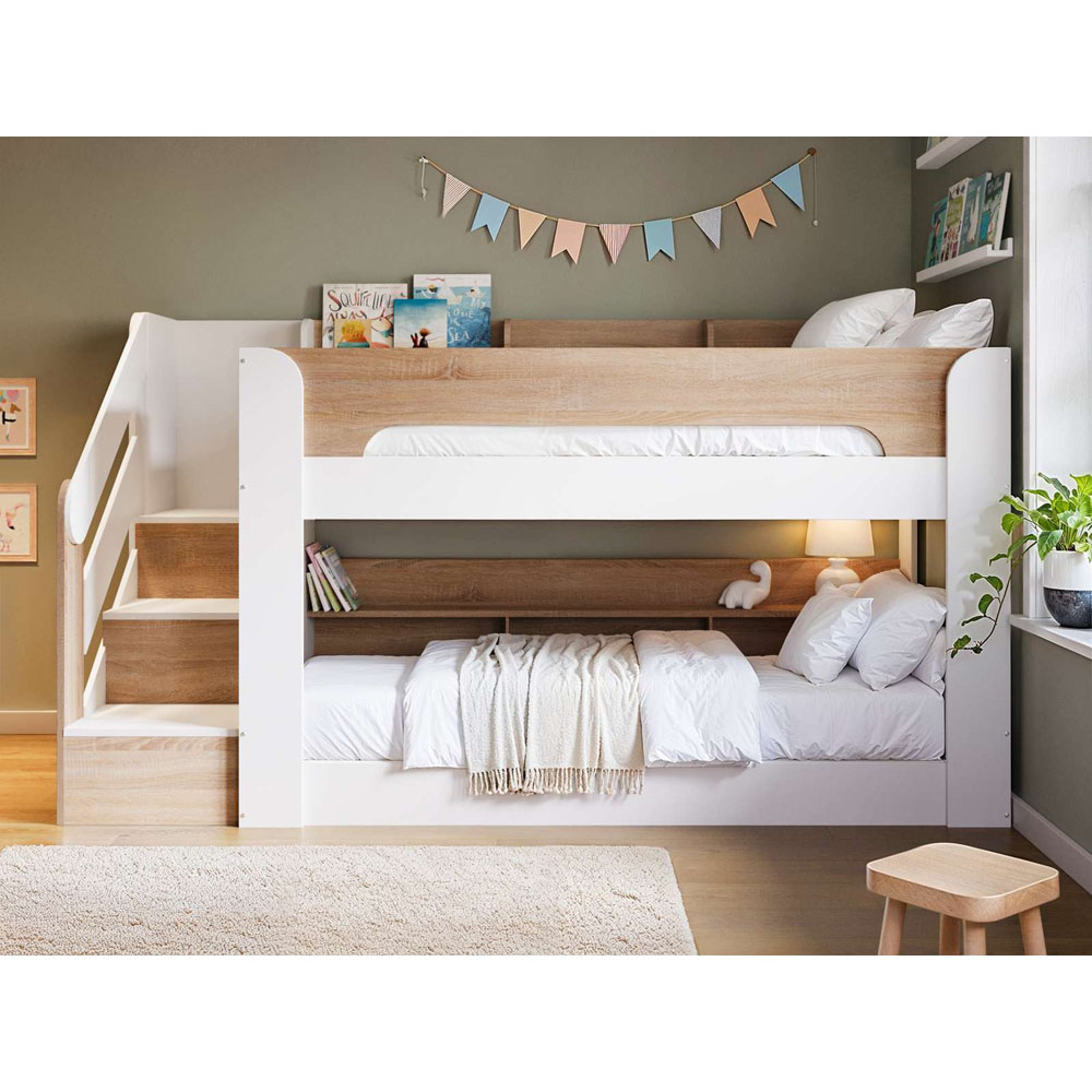 Flair Zeno White and Oak Low Bunk Bed with Staircase and Storage Image 5
