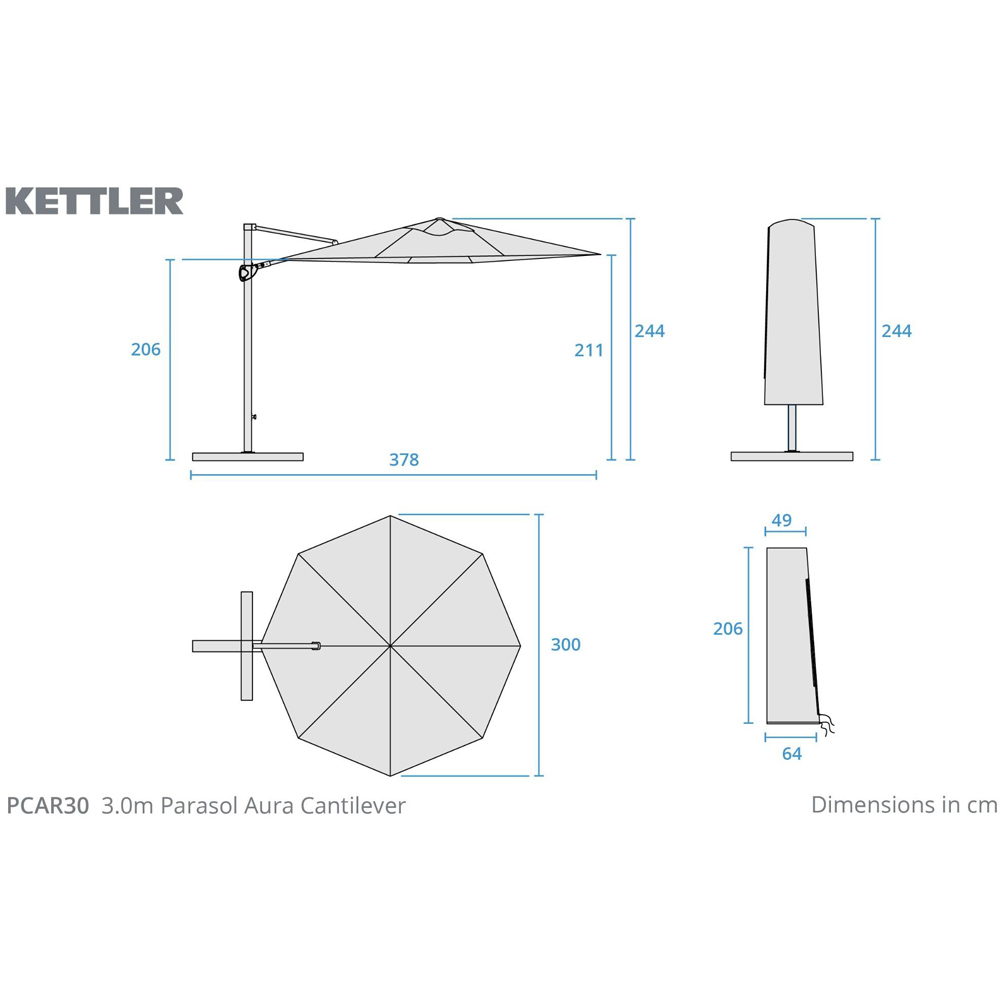 Kettler Aura Grey Vertical Tilt Cantilever Parasol with Cross Base and Night Cover 3m Image 7