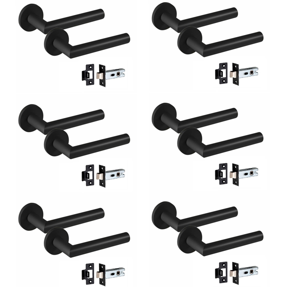 Golden Grace Mitred Matt Black Door Handle Pair with Tubular Latch 52mm 6 Pack Image 1