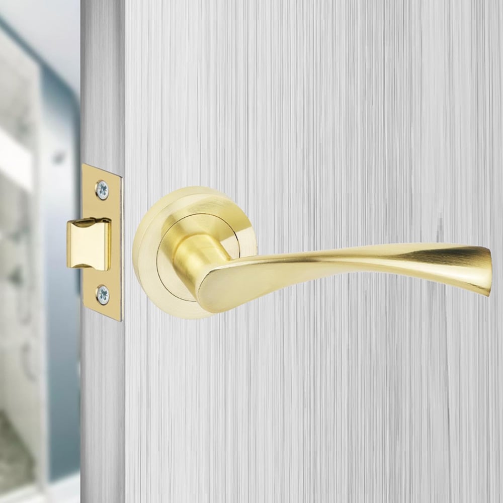 Golden Grace Satin Brass Astrid Door Handle Set with Spindle and Fixing 4 Pack Image 2