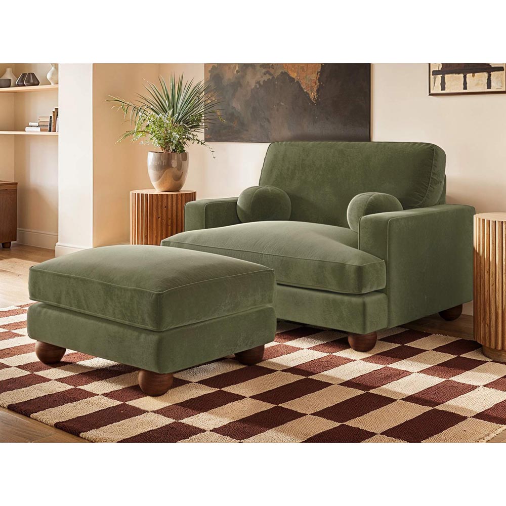 Solace+Co Addison Khaki Green Velvet Wooden Footstool Image 6