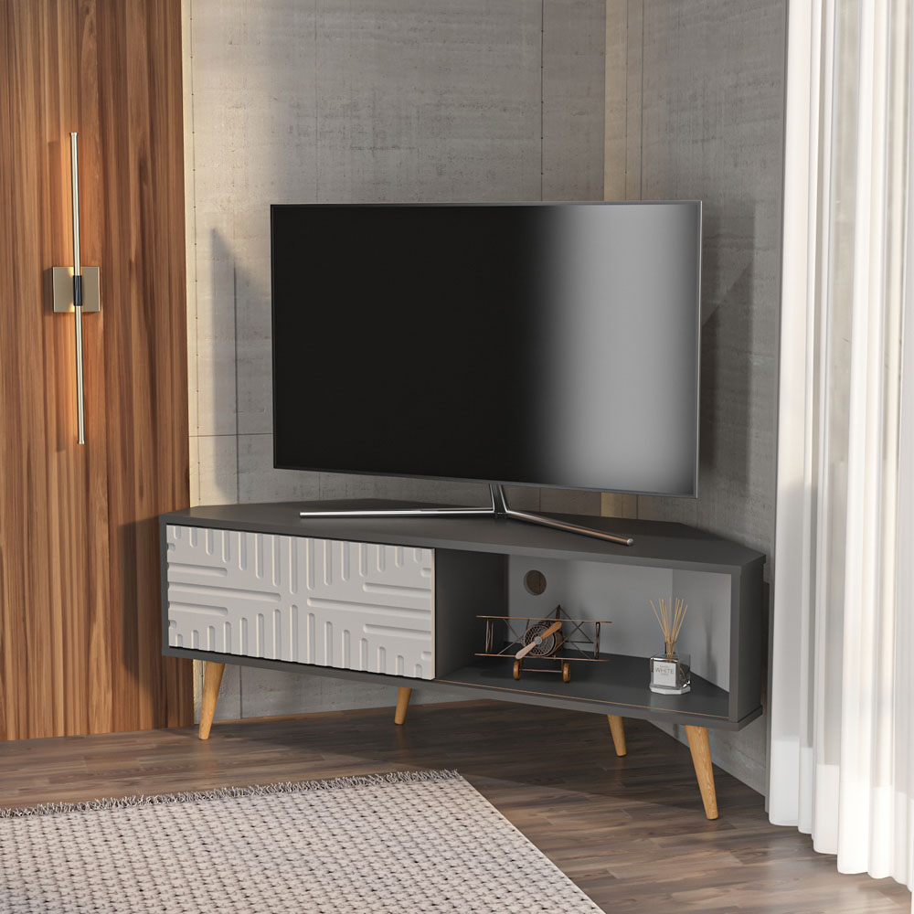 Decorotika Mora Single Sliding Door Anthracite and White Corner TV Unit Image 3