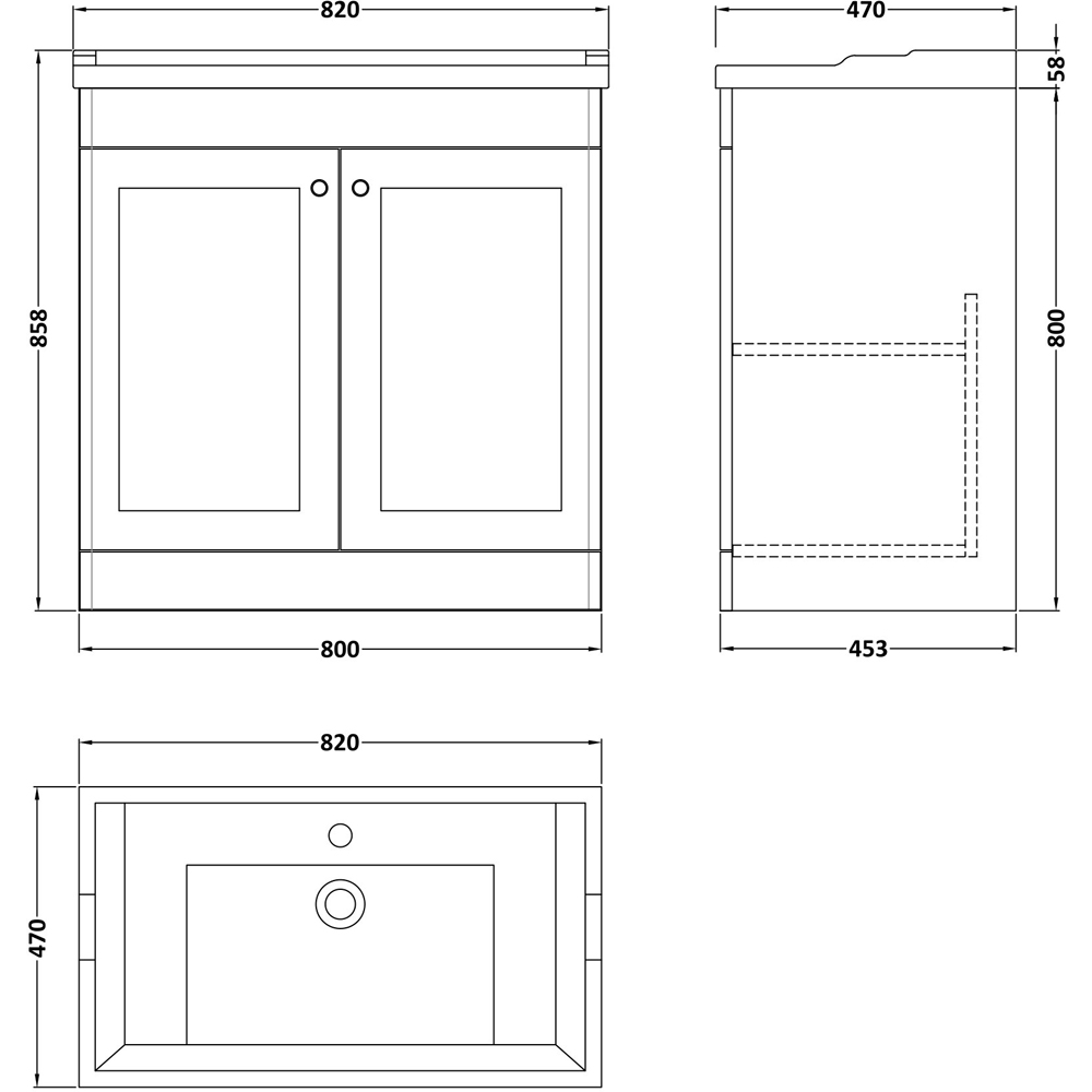 nuie Classique 2 Door Satin Grey Floor Standing Unit and 1 Tap Hole Fireclay Basin 800mm Image 3