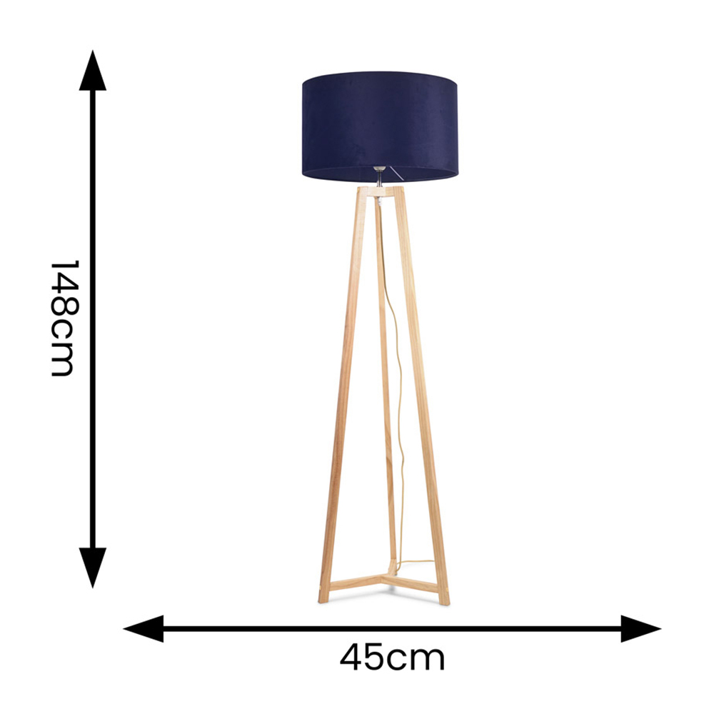 ValueLights Lottie Navy Blue Velvet Drum Shade Natural Wood Tripod LED Floor Lamp Image 4