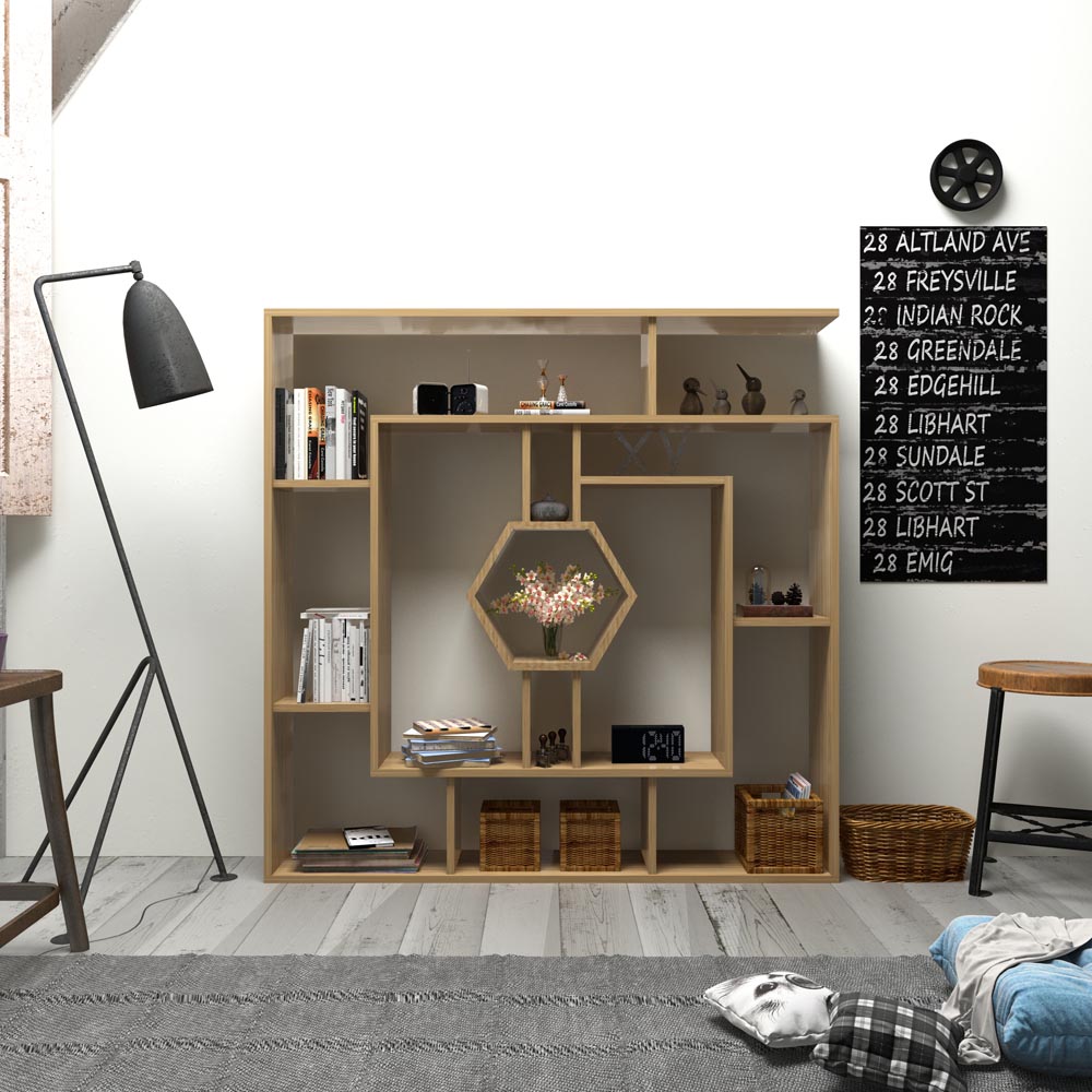 Decorotika Labrina 12 Shelf Oak Hexagonal Geometric Bookcase Image 3