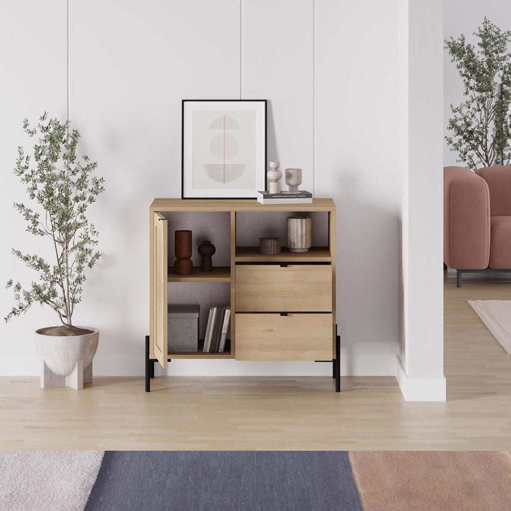 FWStyle Naïve Single Door 2 Drawer Oak Laser Cut Storage Unit Image 4