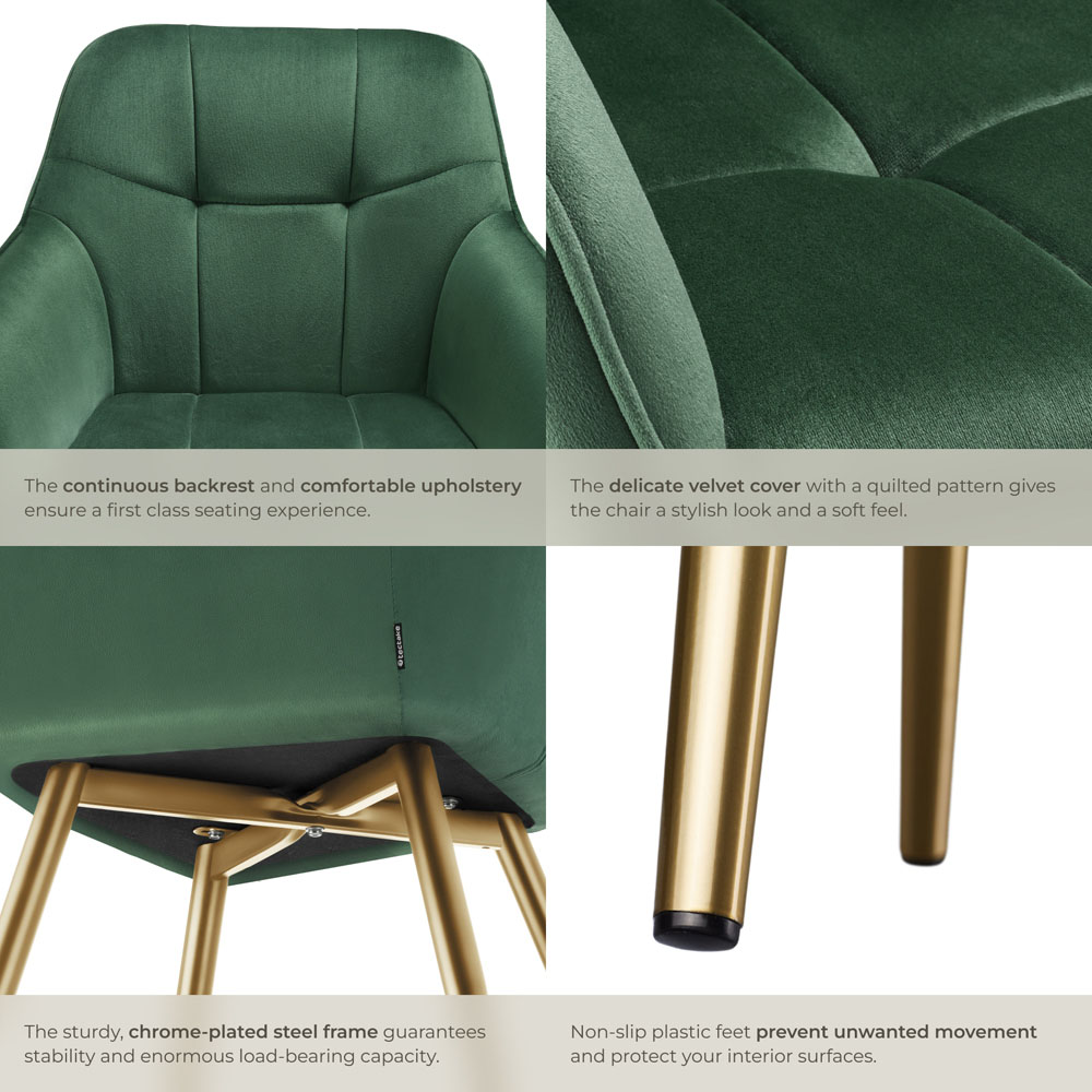 tectake Marilyn Set of 6 Green and Gold Quilted Velvet Dining Chair Image 6