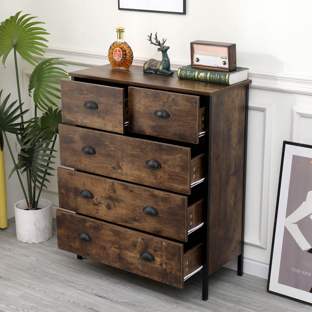 FurnitureHMD 5 Drawer Brown and Black Industrial Wooden Chest of Drawers Image 7