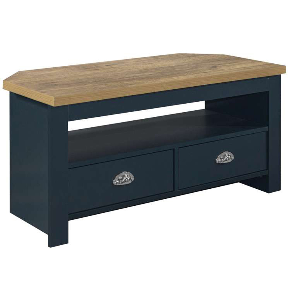 Highgate 2 Drawer Navy and Oak Corner TV Unit Image 2
