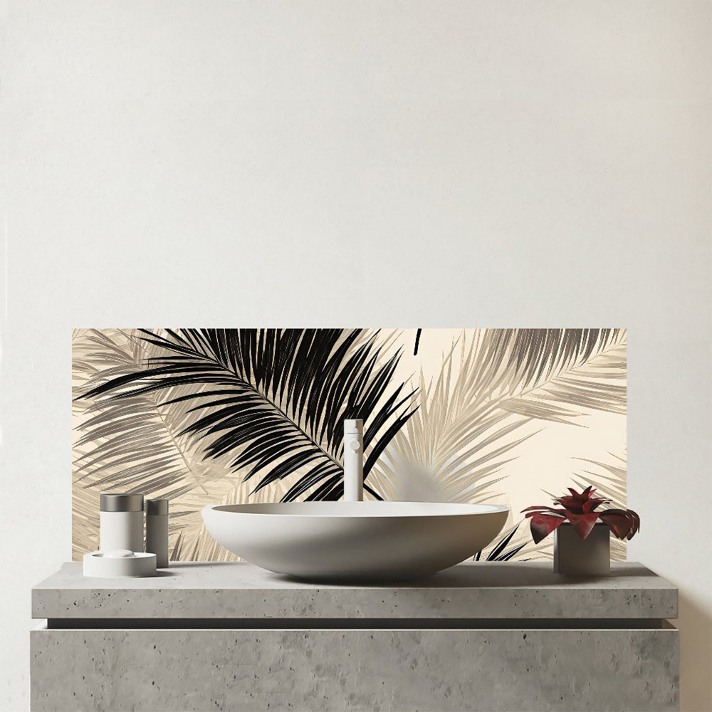 Warren Reed Designer Black and White Tropical Palm Leaves Glass Bathroom Splashback 25 x 60cm Image 1