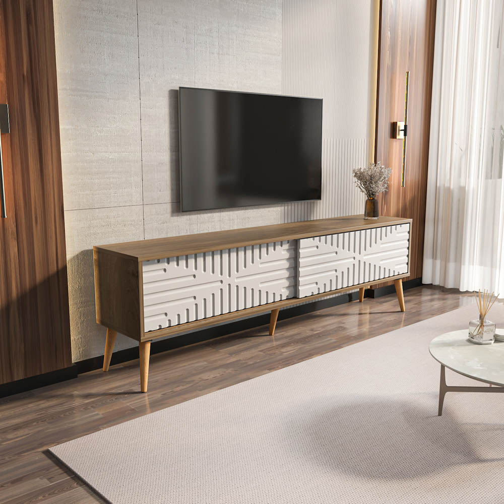 Decorotika Riso 2 Sliding Door Walnut and White TV Unit Image 4