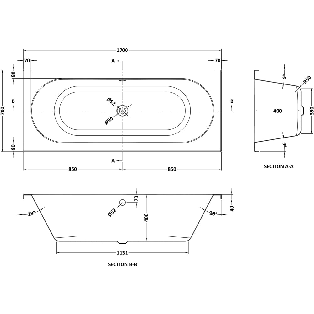 nuie Round Double Ended Bath and Leg Set 1700 x 700mm Image 2