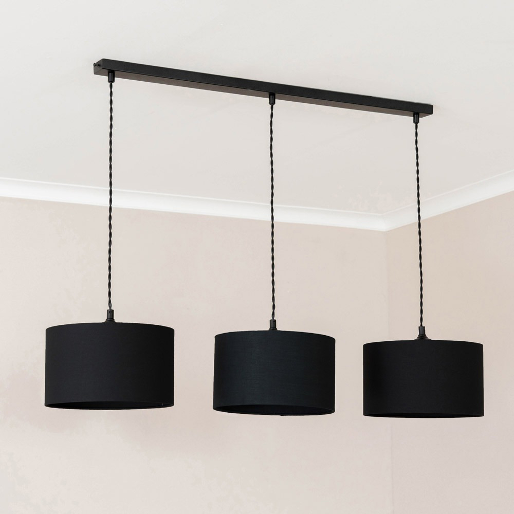 ValueLights Reni Black Fabric Drum Shade 3 Drop Bar Black Diner LED Ceiling Light Image 3