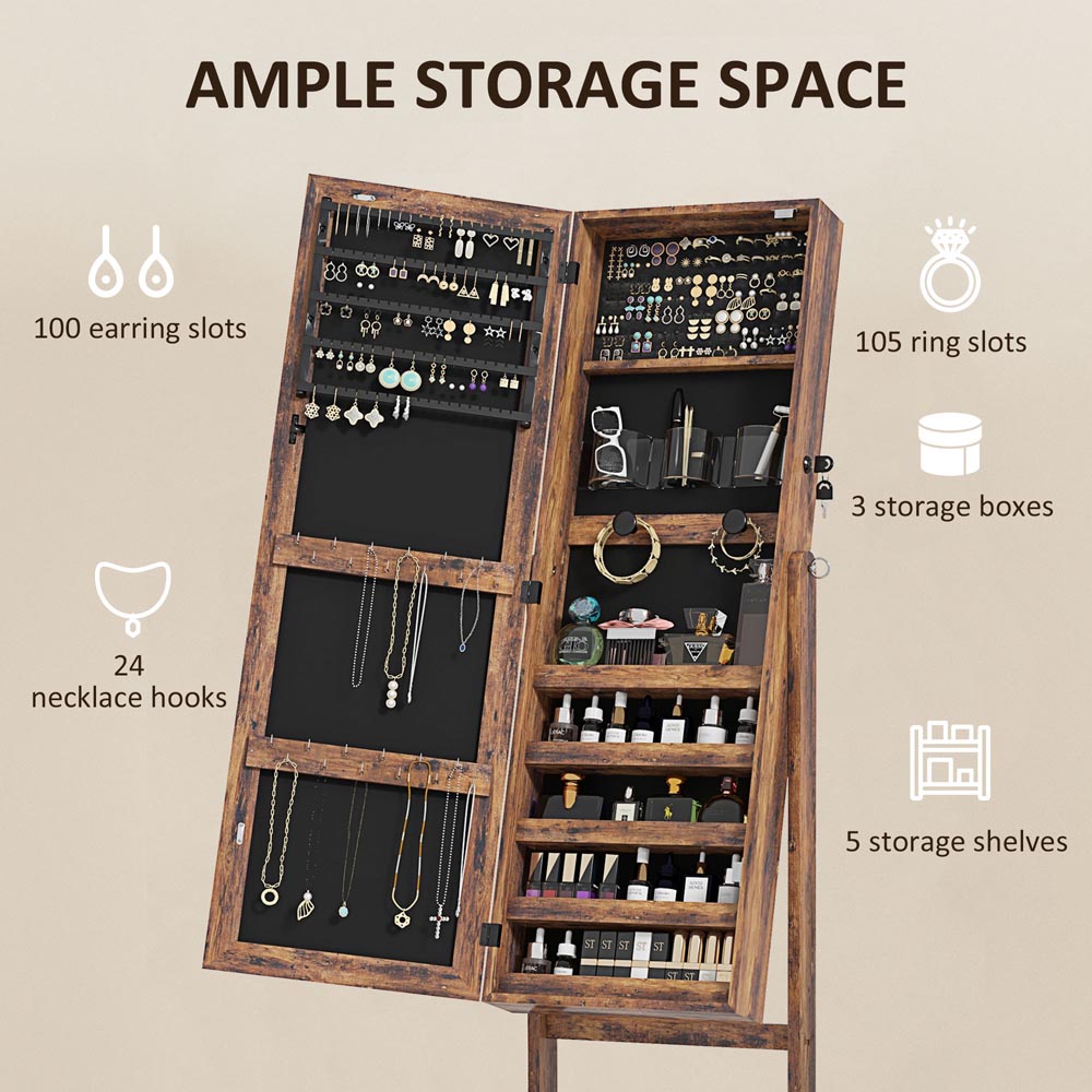 Portland Rustic Brown Mirrored Lockable Jewellery Cabinet with LED Light Image 5