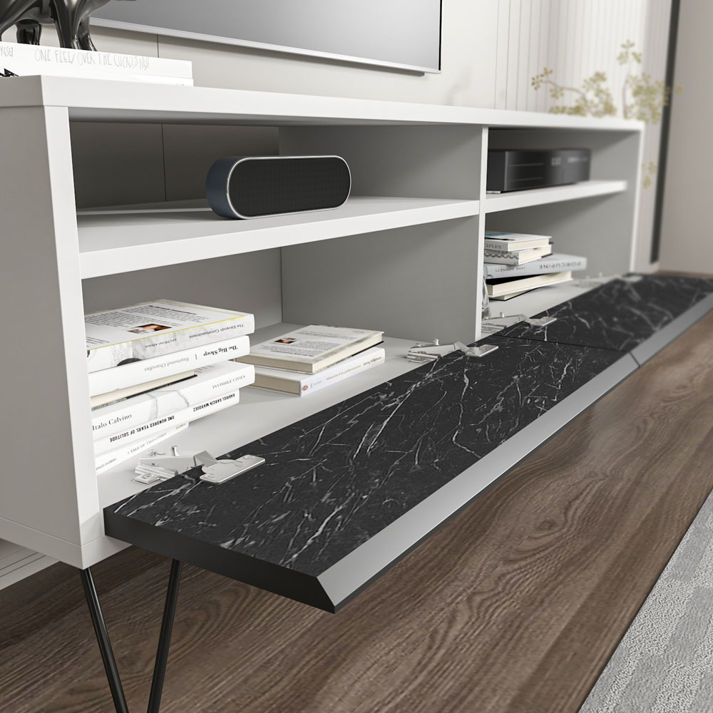 Decorotika Flay 2 Door 2 Shelf Black Marble Effect and White TV Unit Image 6