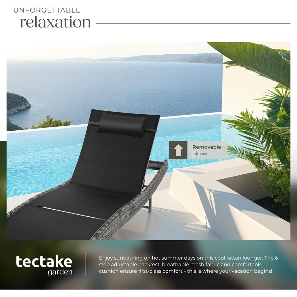 tectake 6 Step Adjustable Mottled Grey Polyrattan Sun Lounger Image 4