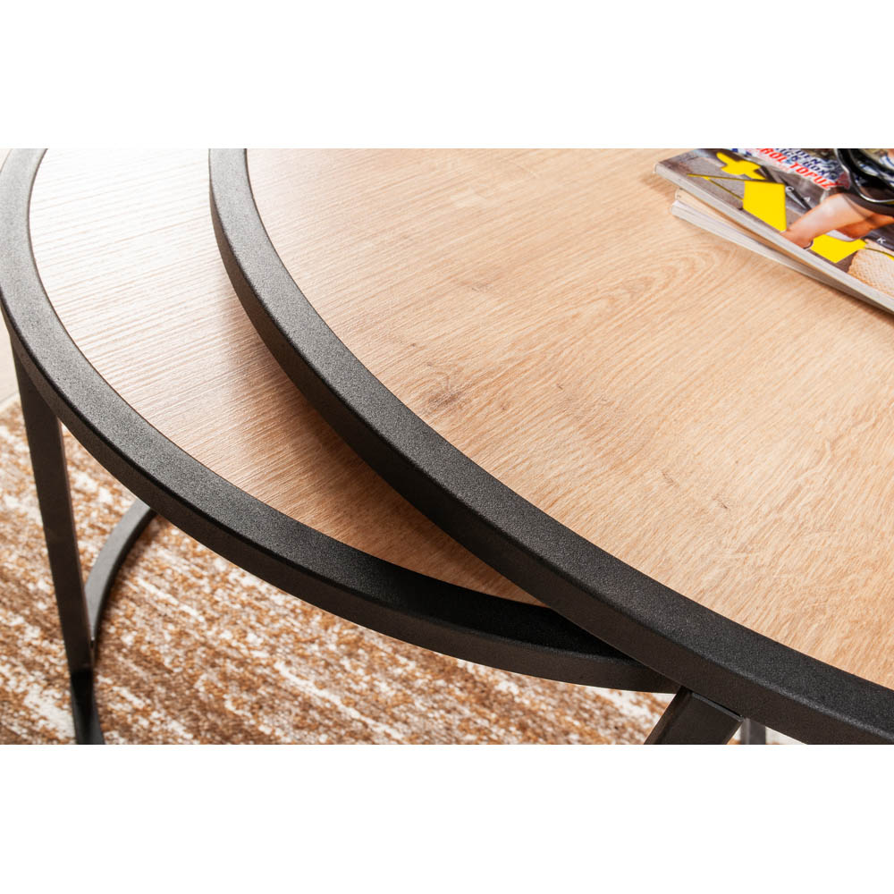 Decorotika Tambur Sapphire Oak and Black Round Nest of Coffee Tables Set of 2 Image 3
