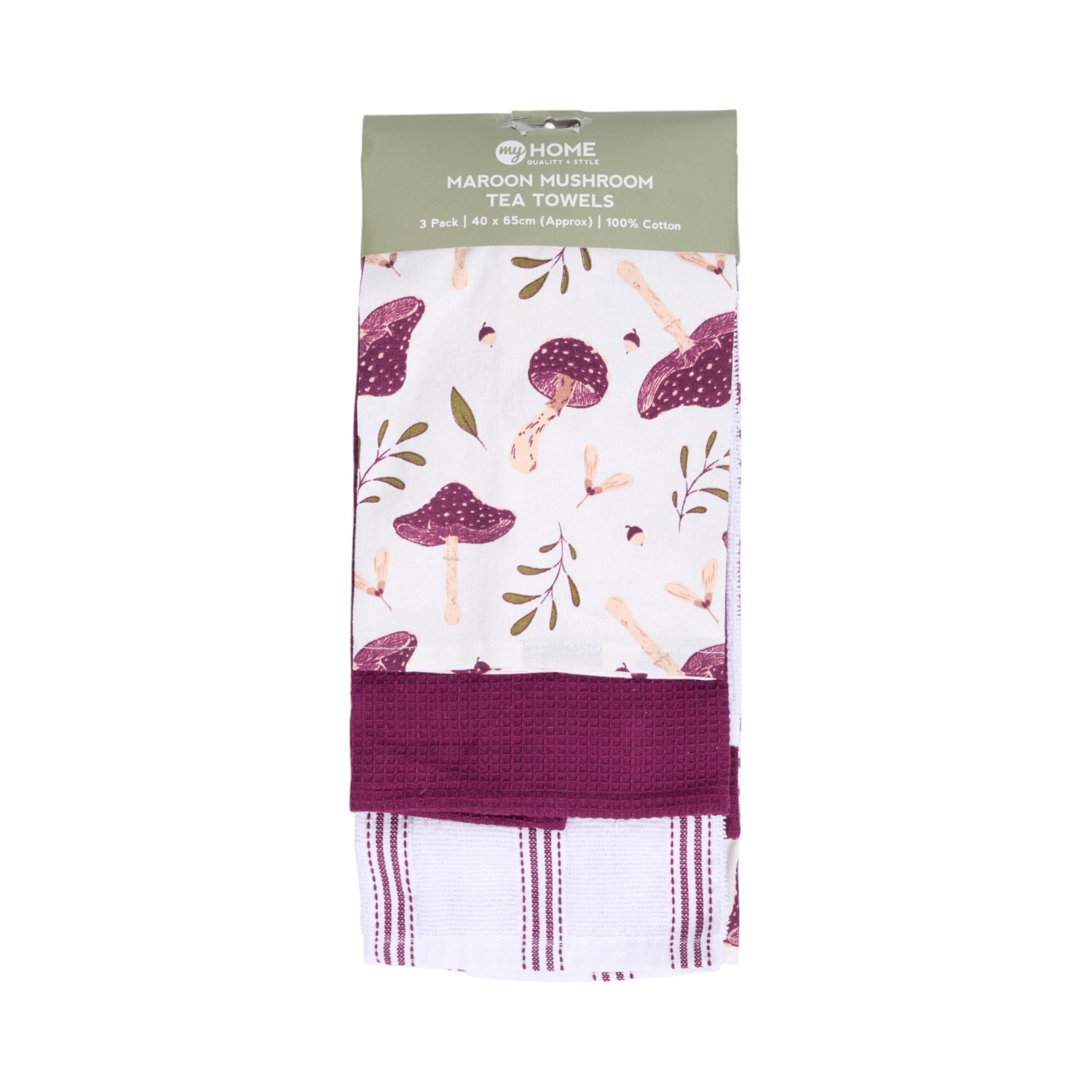Pack of 3 Mushroom Tea Towels Maroon Image 1