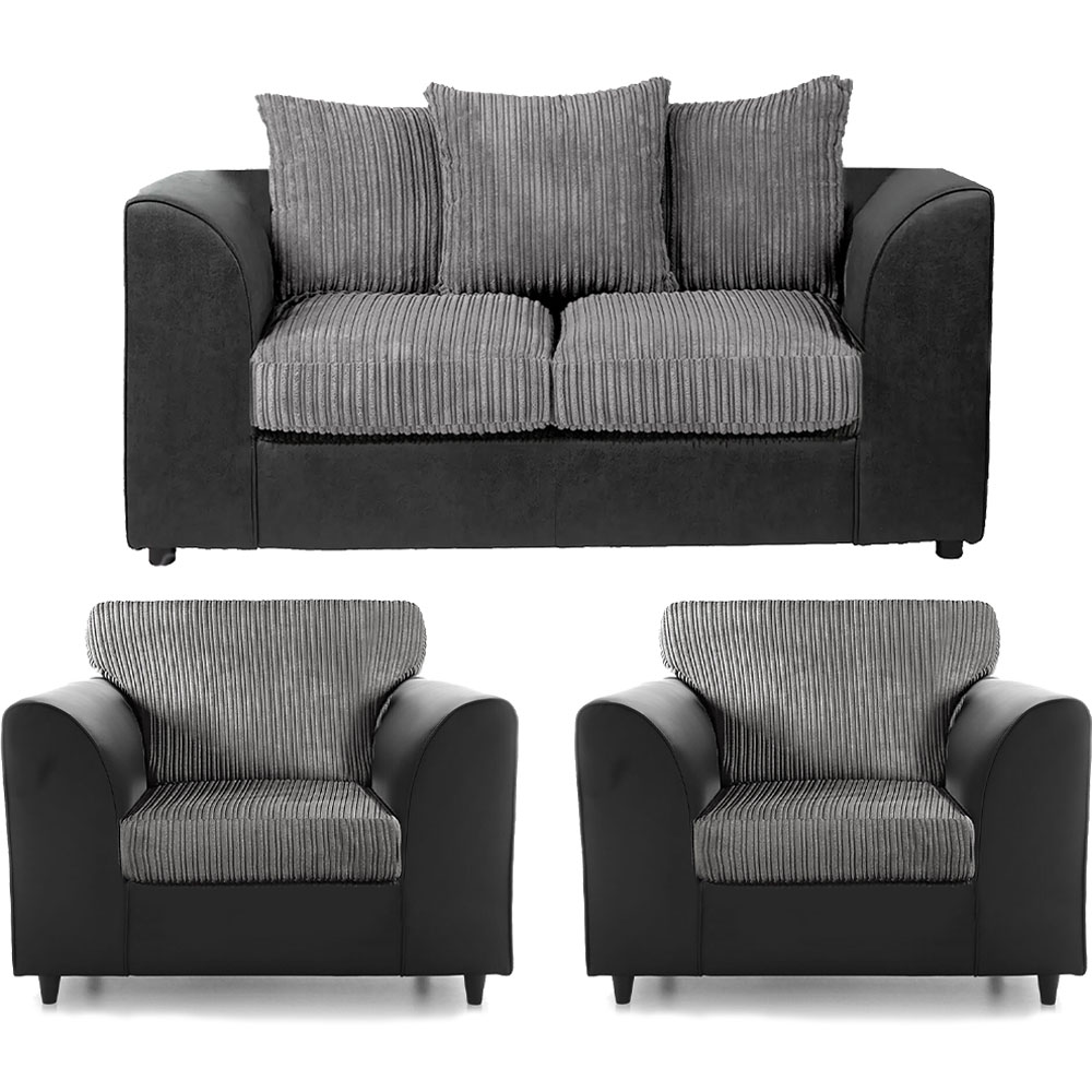 Luxor 4 Seater Black and Grey Jumbo Cord Scatter Back Sofa Suite Image 2
