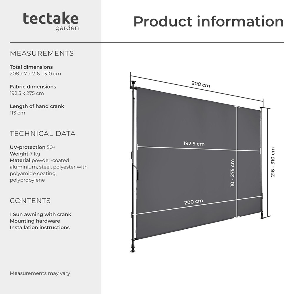 tectake Taija Dark Grey Retractable Awning with Hand Crank 3.1 x 2.08m Image 8