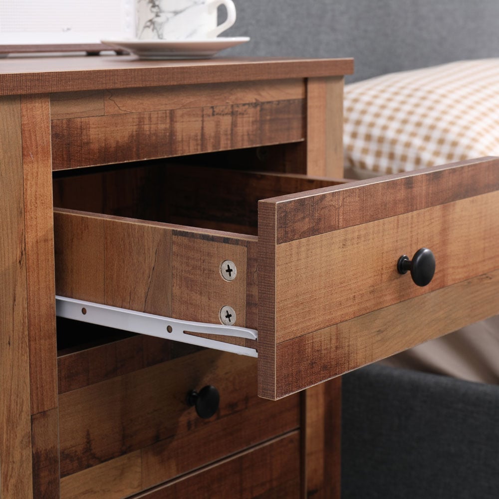 FurnitureHMD 3 Drawer Industrial Style Wooden Bedside Table Set of 2 Image 4
