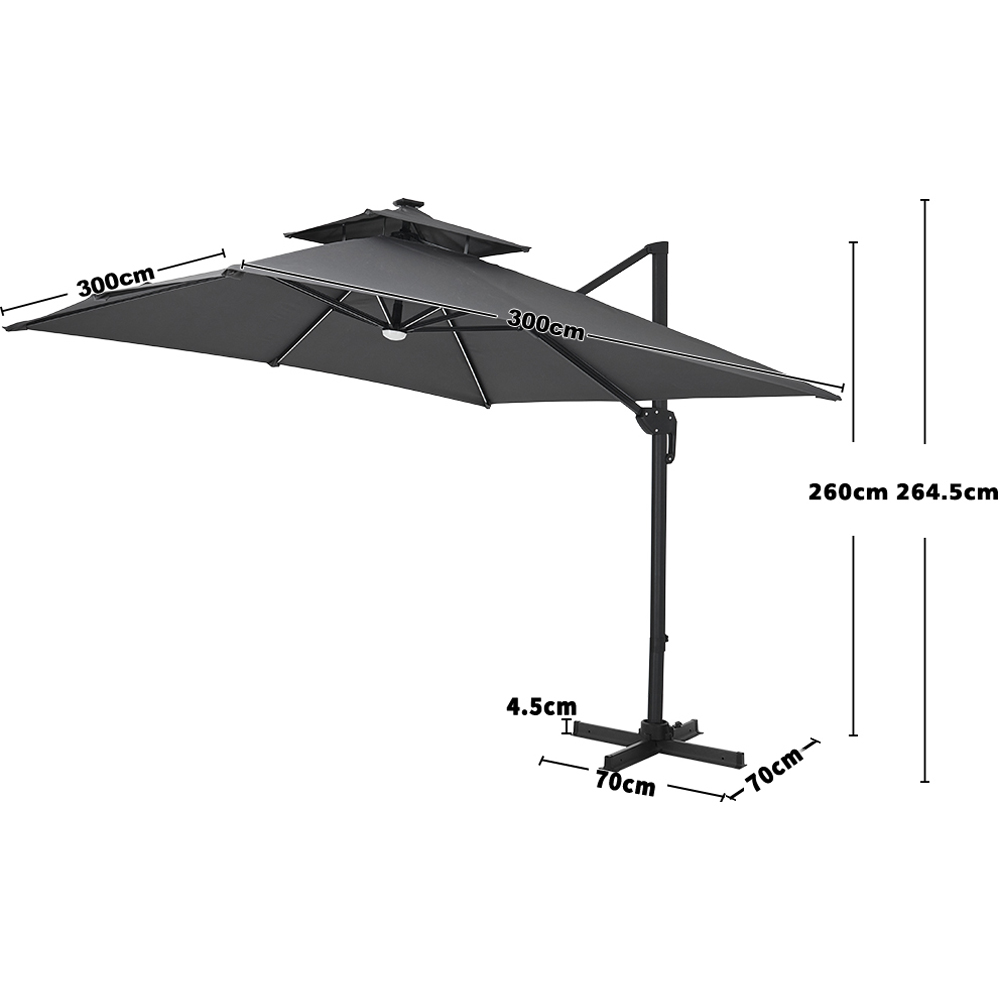 Living and Home Dark Grey LED Square Rotatable Tilt Cantilever Parasol with Cross Base 3m Image 8
