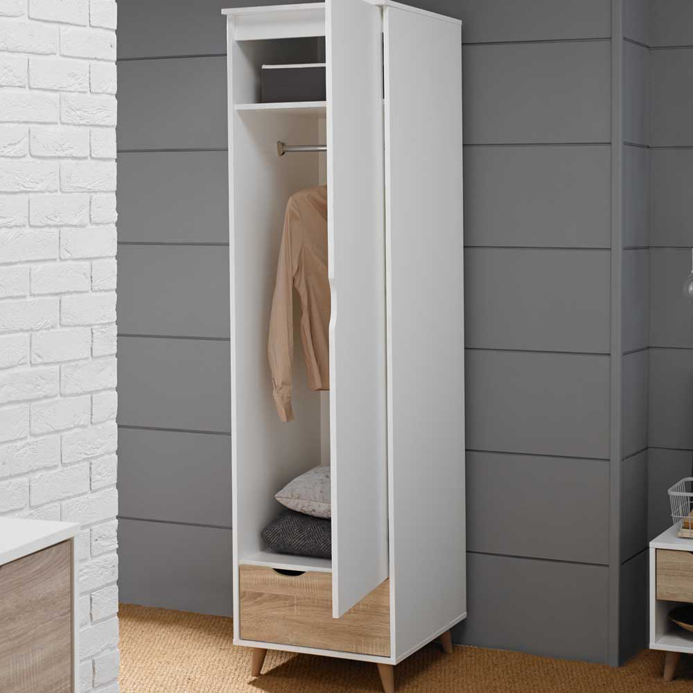 Stockholm Single Door Single Drawer Oak and White Wardrobe Image 4