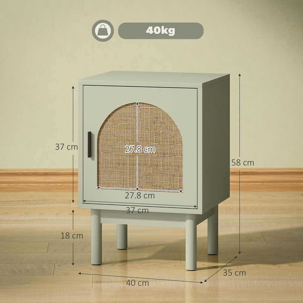 HOMCOM Boho Rattan Single Door Light Green Bedside Table Image 9