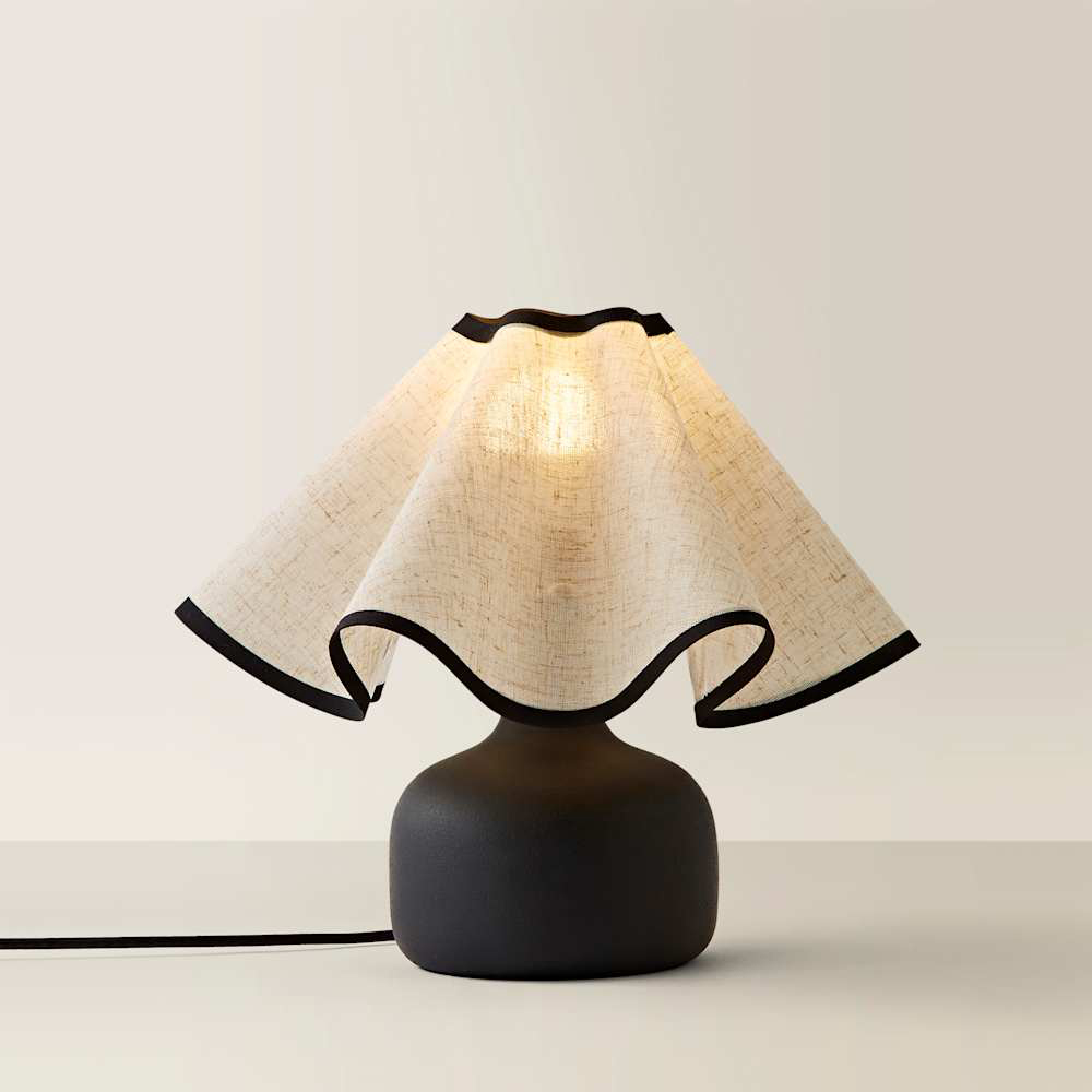 ValueLights Emilia Black Ceramic Table Lamp with Linen Wave Shade and Bulb Image 3
